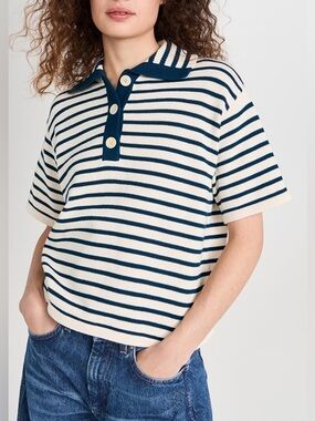 Demylee Lou Striped Sweater Polo Top Large Cotton Knit Nautical Coastal Minimal